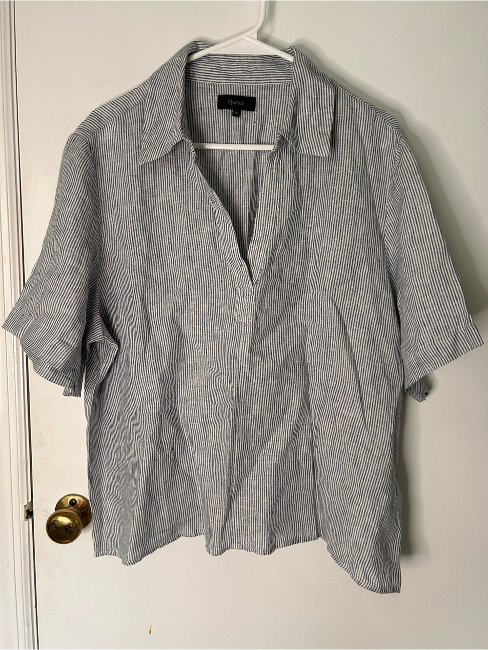 QUINCE EUROPEAN LINEN SHORT SLEEVE POPOVER TOP IN BLUE PINSTRIPE SIZE XL